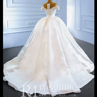 Satin Ball Gown Off the Shoulder Wedding Dress with Pearls - Rosymae