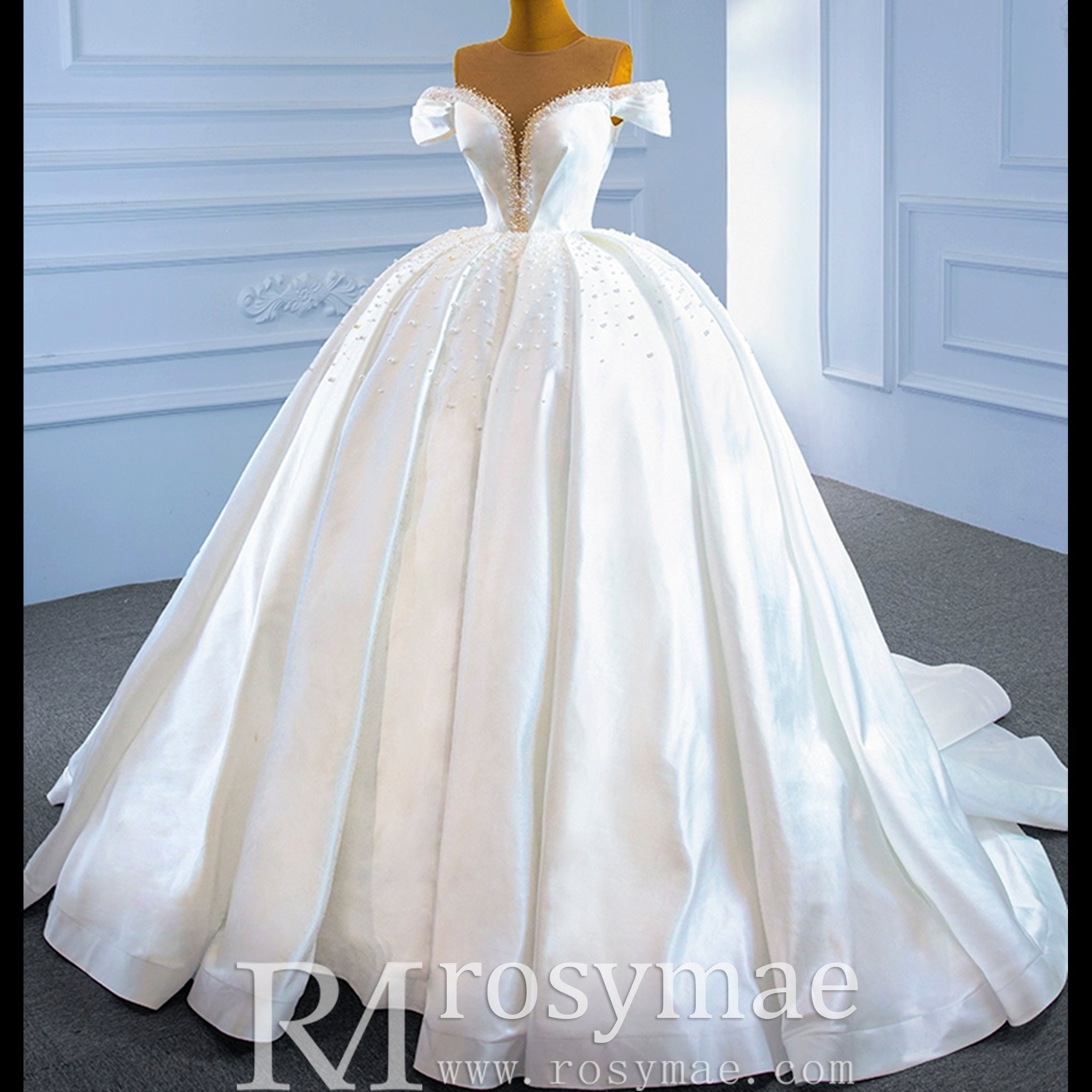 Satin Ball Gown Off the Shoulder Wedding Dress with Pearls - Rosymae