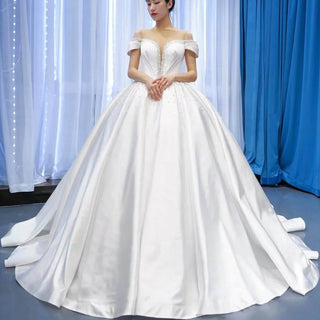 Satin Ball Gown Off the Shoulder Wedding Dress with Pearls - Rosymae