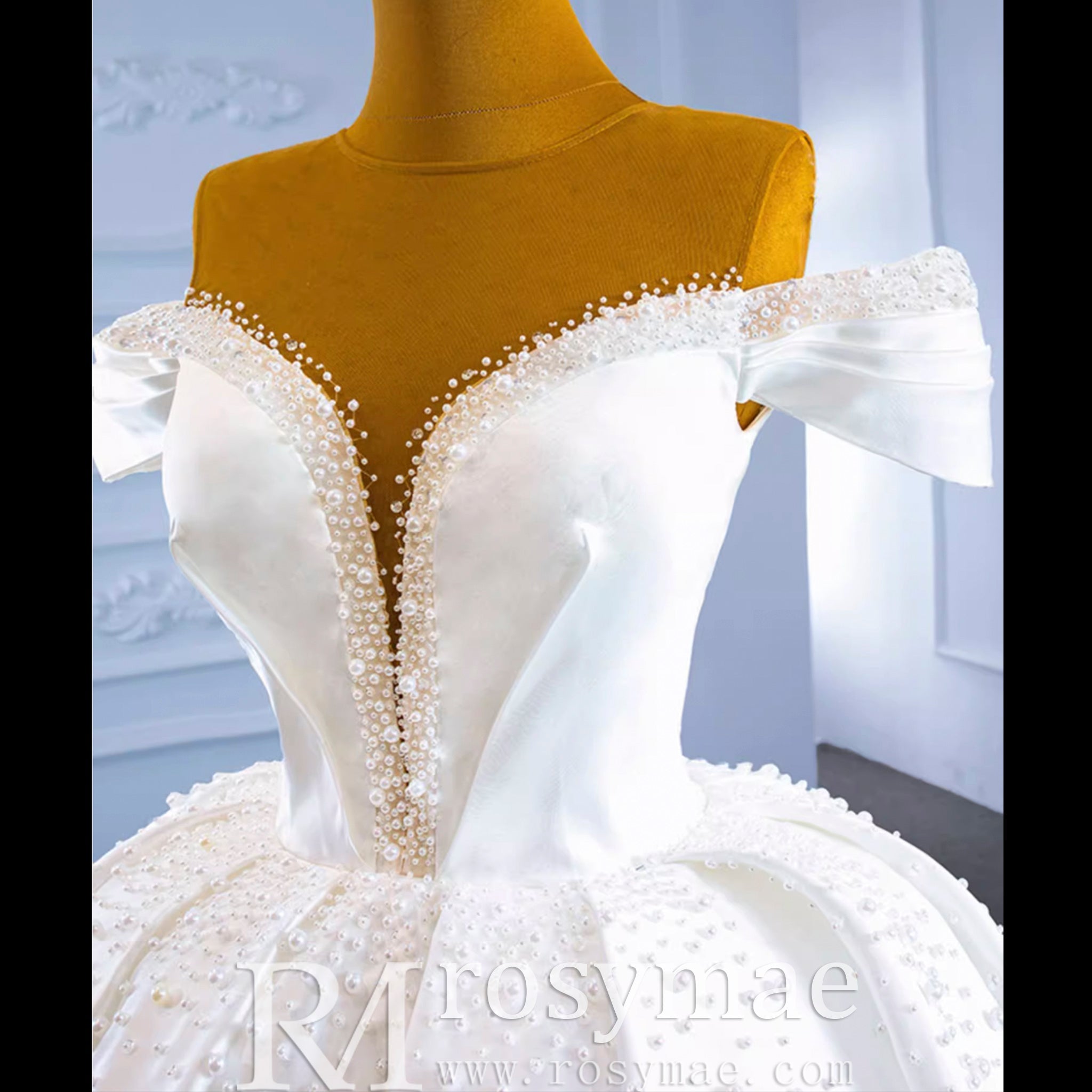 Satin Ball Gown Off the Shoulder Wedding Dress with Pearls - Rosymae