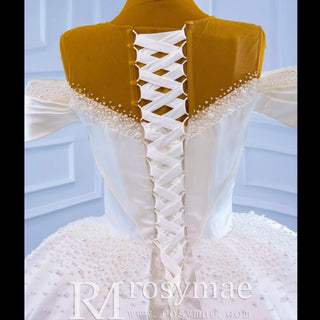 Satin Ball Gown Off the Shoulder Wedding Dress with Pearls - Rosymae