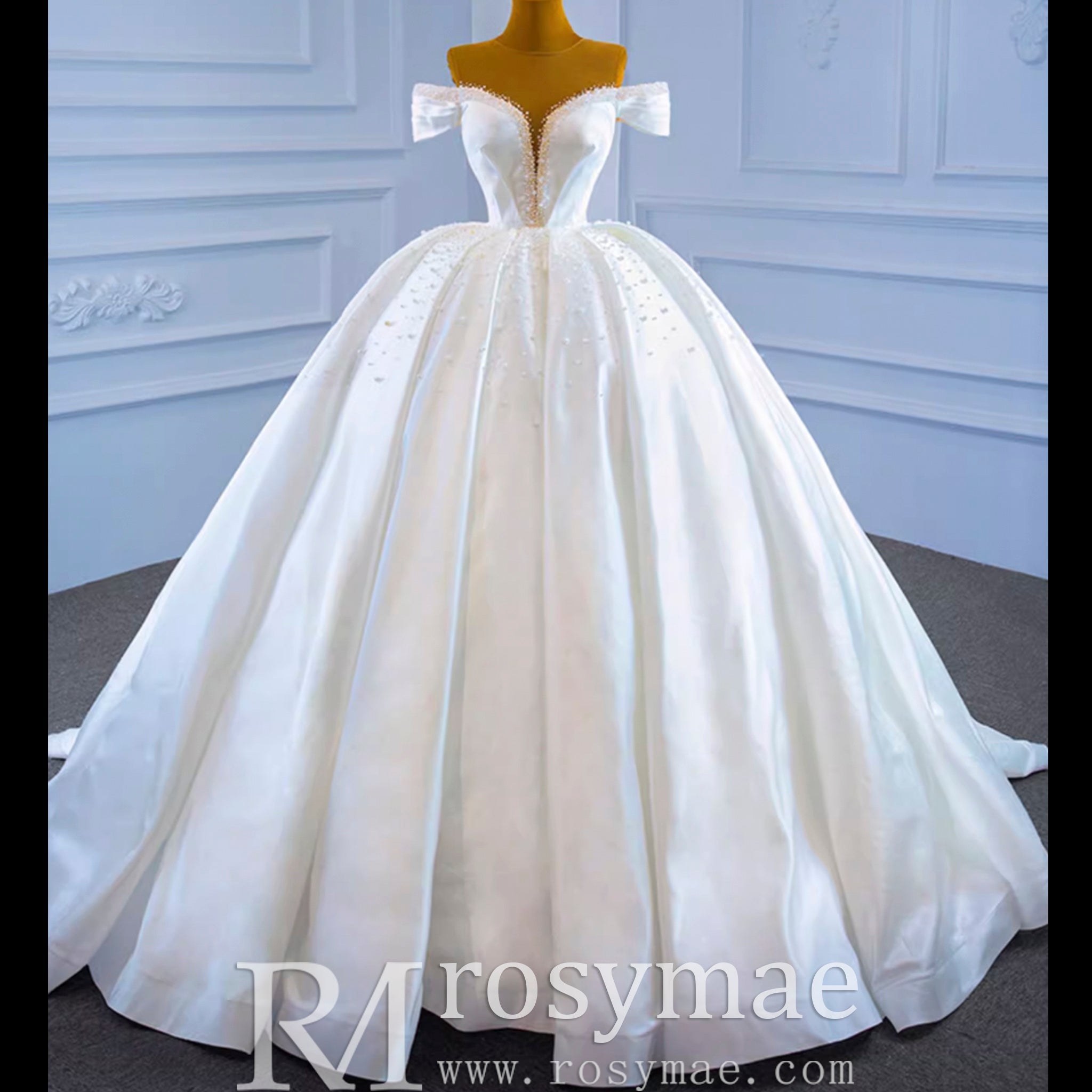 Satin Ball Gown Off the Shoulder Wedding Dress with Pearls - Rosymae