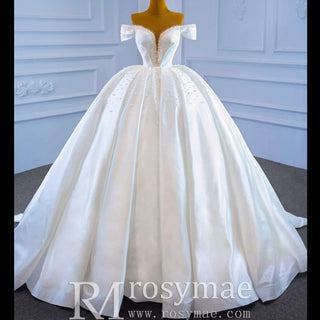 Satin Ball Gown Off the Shoulder Wedding Dress with Pearls - Rosymae
