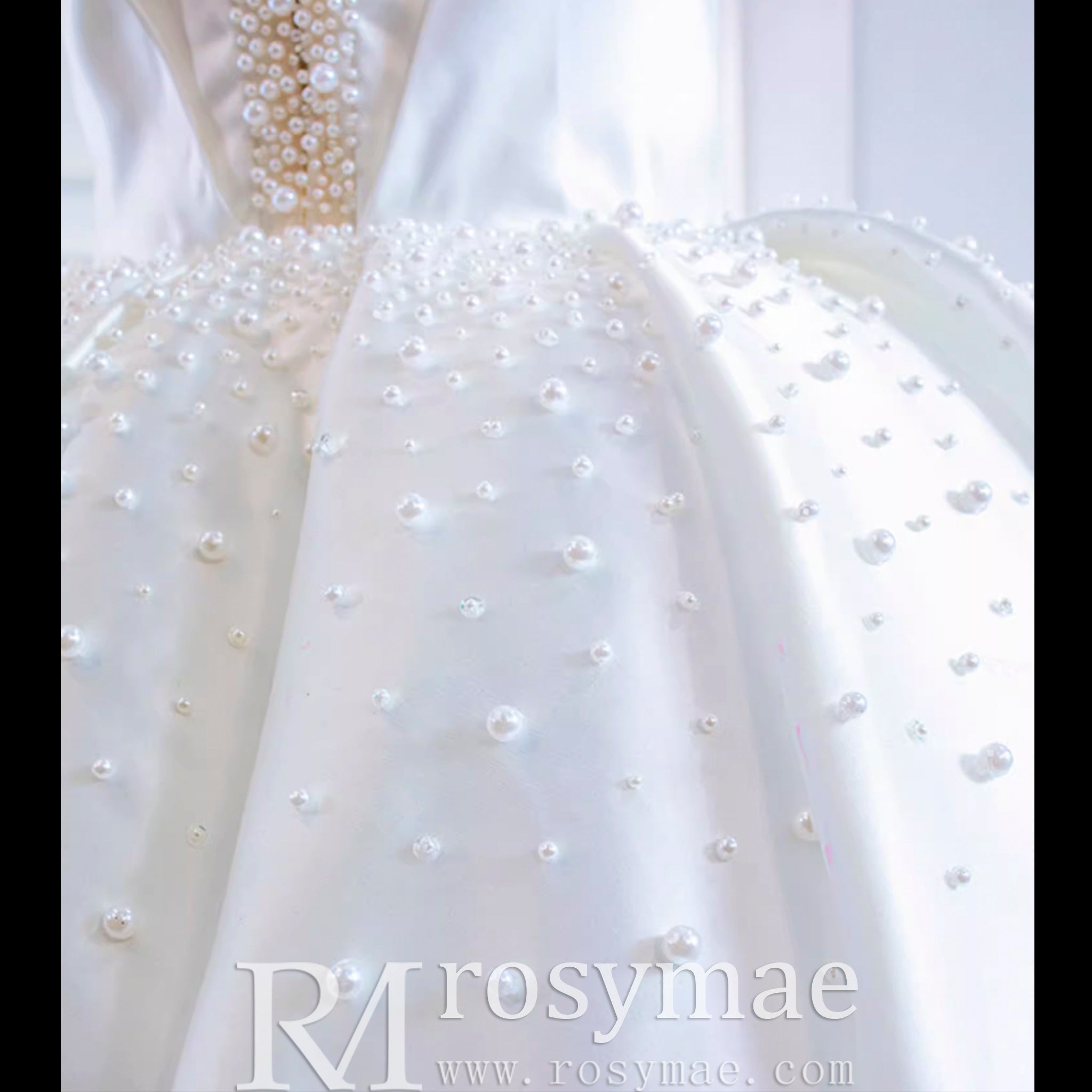 Satin Ball Gown Off the Shoulder Wedding Dress with Pearls - Rosymae