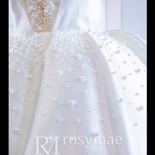 Satin Ball Gown Off the Shoulder Wedding Dress with Pearls - Rosymae