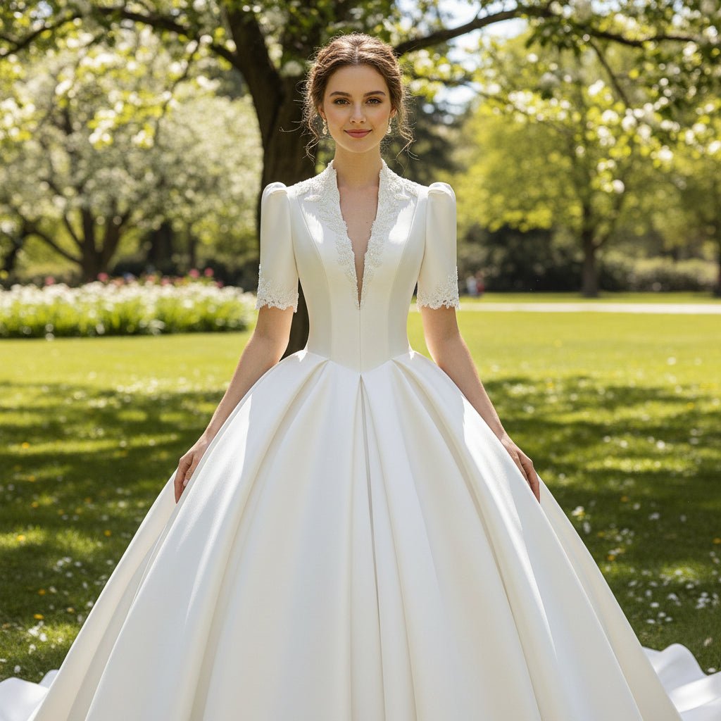 Satin Ball Gown Wedding Dress Deep Vneck Bridal Gown with Short Sleeve - Rosymae