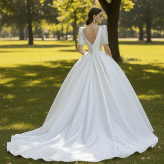 Satin Ball Gown Wedding Dress Deep Vneck Bridal Gown with Short Sleeve - Rosymae