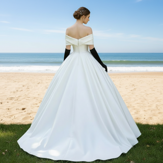 Off the Shoulder Satin Wedding Dress With Ruching Ball Gown Skirt