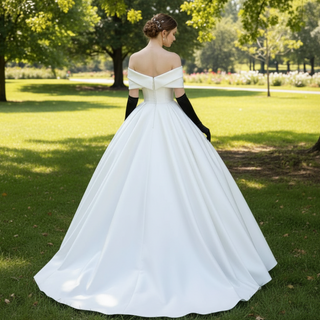 Off the Shoulder Satin Wedding Dress With Ruching Ball Gown Skirt