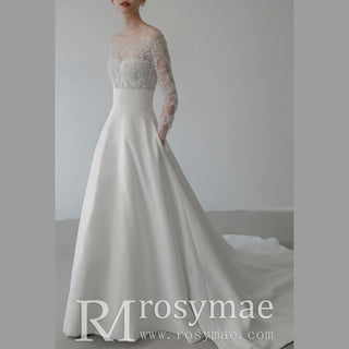 Satin Long Sleeve A-line Wedding Dress with Pocket