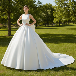 Choker & High Neck Satin Wedding Dress with Big Bowknot