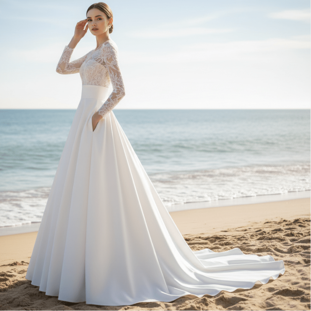 Satin Long Sleeve A-line Wedding Dress with Pocket - Rosymae