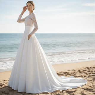 Satin Long Sleeve A-line Wedding Dress with Pocket - Rosymae