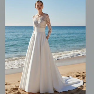 Satin Long Sleeve A-line Wedding Dress with Pocket - Rosymae