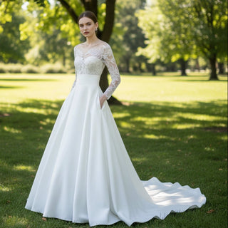 Satin Long Sleeve A-line Wedding Dress with Pocket - Rosymae