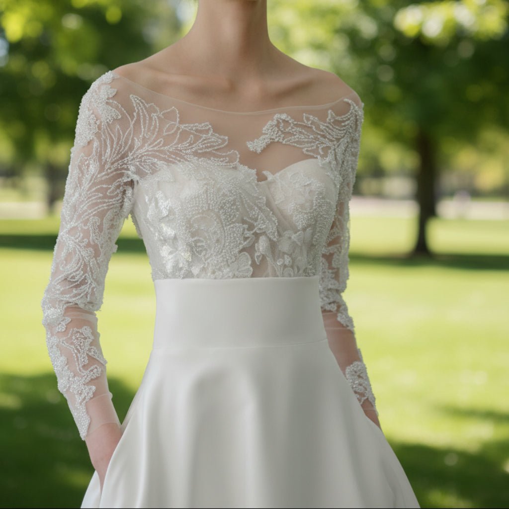Satin Long Sleeve A-line Wedding Dress with Pocket - Rosymae