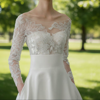 Satin Long Sleeve A-line Wedding Dress with Pocket - Rosymae