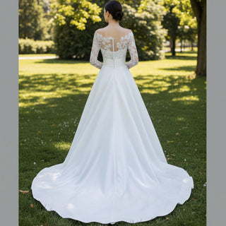 Satin Long Sleeve A-line Wedding Dress with Pocket - Rosymae