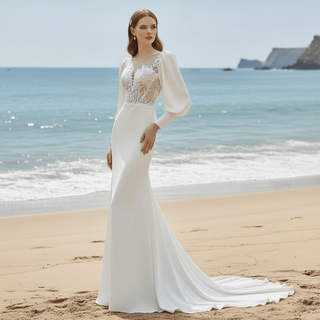Satin Mermaid Sheer Bodice Wedding Dresses with Long Lantern Sleeve - Rosymae