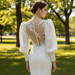 Satin Mermaid Sheer Bodice Wedding Dresses with Long Lantern Sleeve - Rosymae