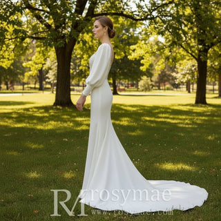 Satin Mermaid Sheer Bodice Wedding Dresses with Long Lantern Sleeve - Rosymae