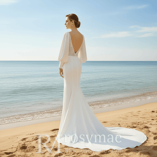 Satin Mermaid Sheer Bodice Wedding Dresses with Long Lantern Sleeve - Rosymae