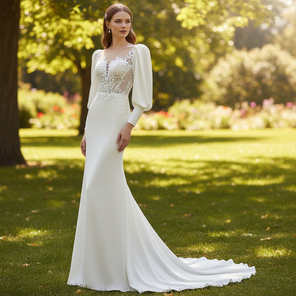 Satin Mermaid Sheer Bodice Wedding Dresses with Long Lantern Sleeve - Rosymae