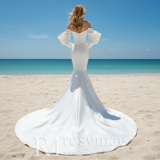 Satin Mermaid & Trumpet Wedding Dresses with Detachable Sleeve - Rosymae