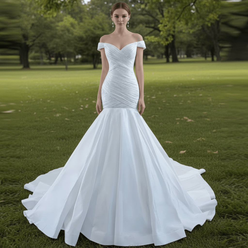 Satin Mermaid Wedding Dress Off the Shoulder Trumpet Wedding Gown - Rosymae