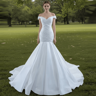 Satin Mermaid Wedding Dress Off the Shoulder Trumpet Wedding Gown - Rosymae