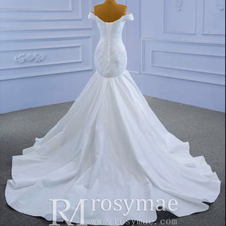 Satin Mermaid Wedding Dress Off the Shoulder Trumpet Wedding Gown - Rosymae