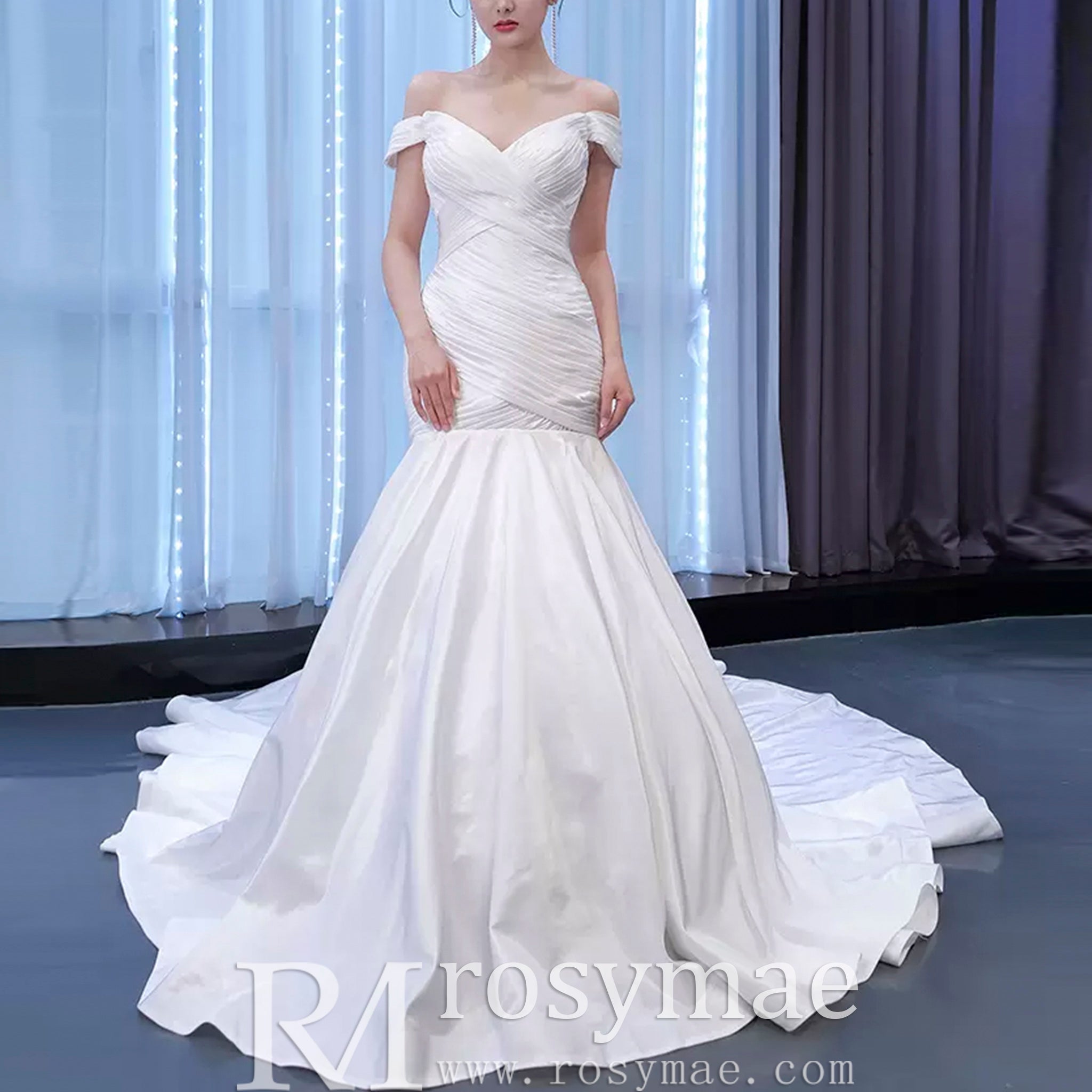 Satin Mermaid Wedding Dress Off the Shoulder Trumpet Wedding Gown - Rosymae