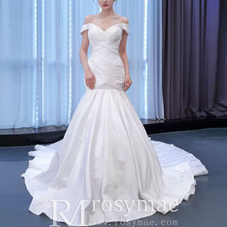 Satin Mermaid Wedding Dress Off the Shoulder Trumpet Wedding Gown - Rosymae