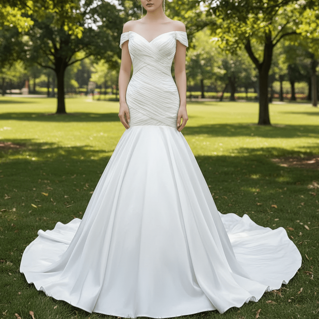 Satin Mermaid Wedding Dress Off the Shoulder Trumpet Wedding Gown - Rosymae