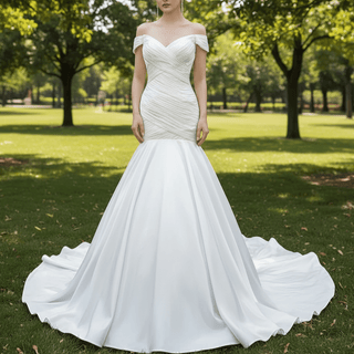 Satin Mermaid Wedding Dress Off the Shoulder Trumpet Wedding Gown - Rosymae