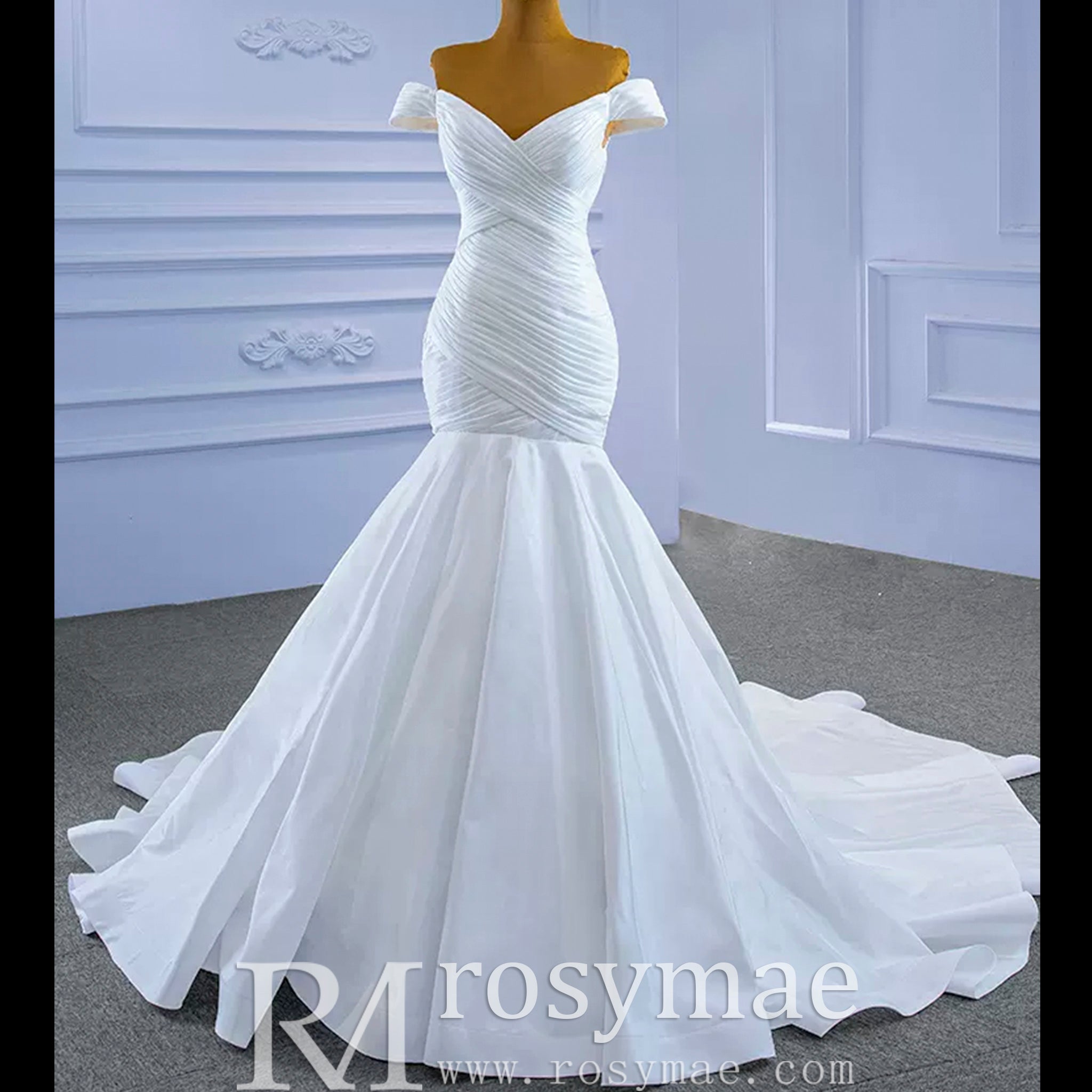 Satin Mermaid Wedding Dress Off the Shoulder Trumpet Wedding Gown - Rosymae