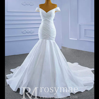 Satin Mermaid Wedding Dress Off the Shoulder Trumpet Wedding Gown - Rosymae