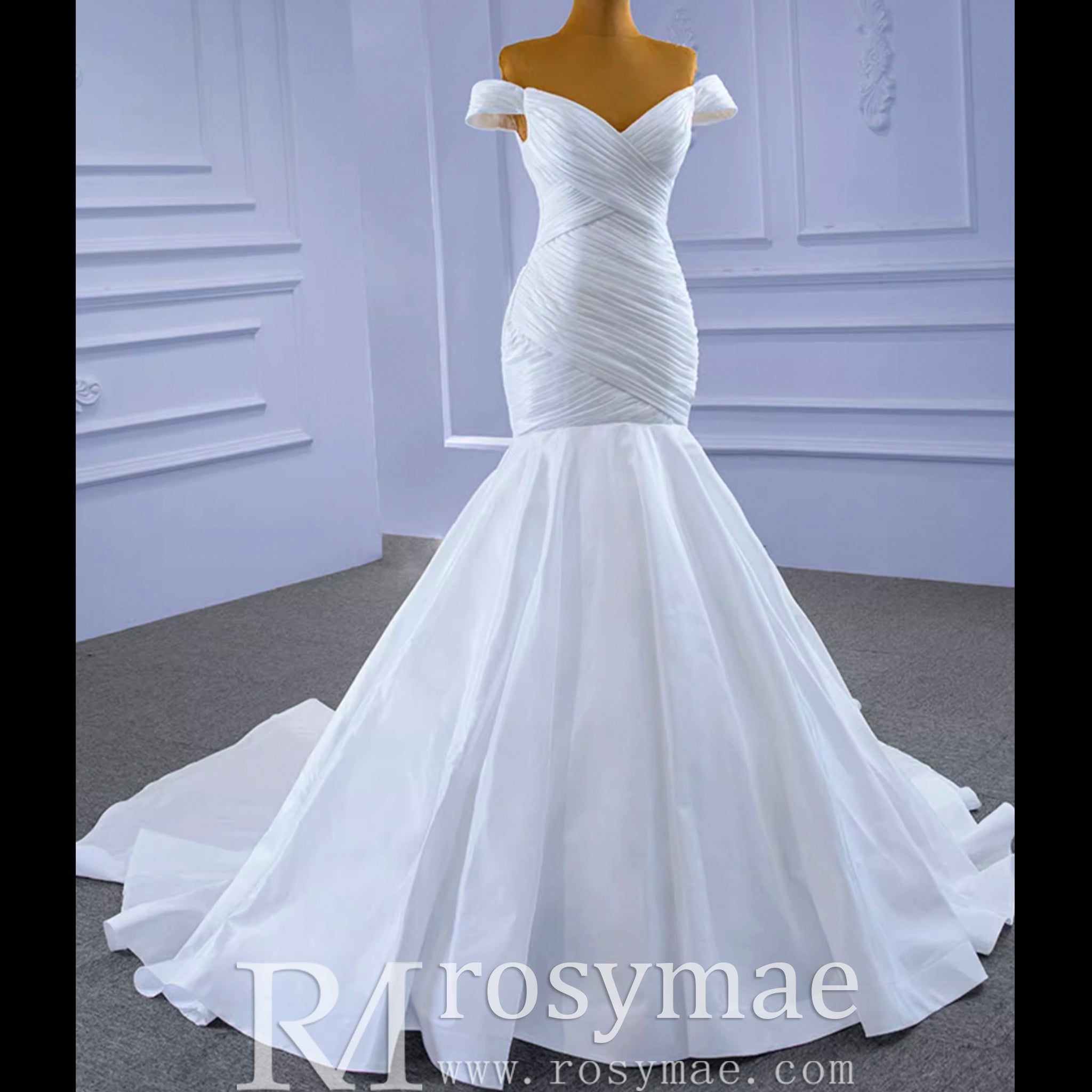 Satin Mermaid Wedding Dress Off the Shoulder Trumpet Wedding Gown - Rosymae
