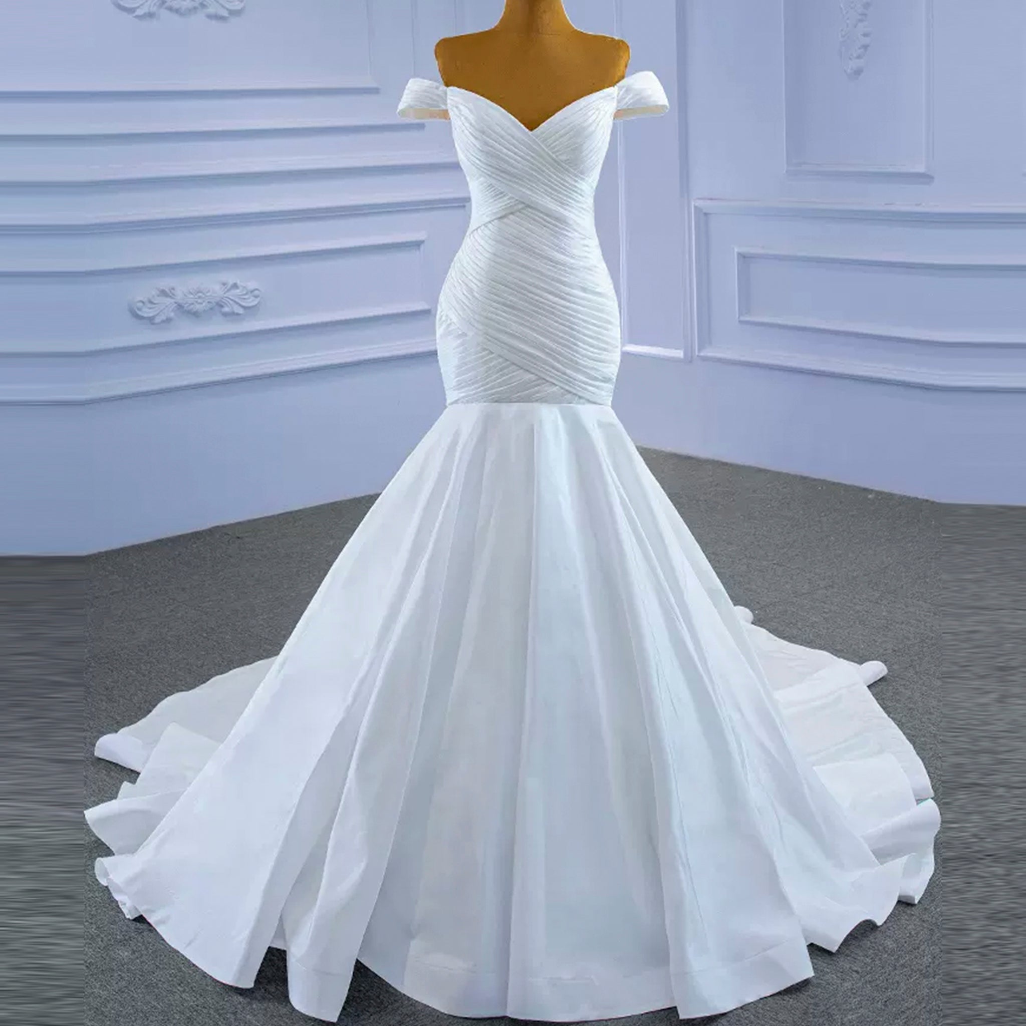 Satin Mermaid Wedding Dress Off the Shoulder Trumpet Wedding Gown - Rosymae