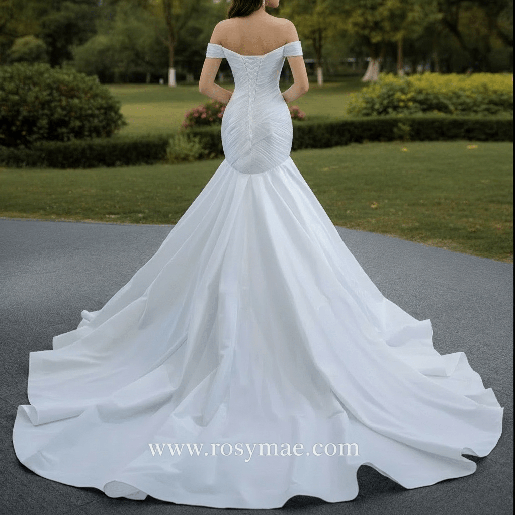 Satin Mermaid Wedding Dress Off the Shoulder Trumpet Wedding Gown - Rosymae