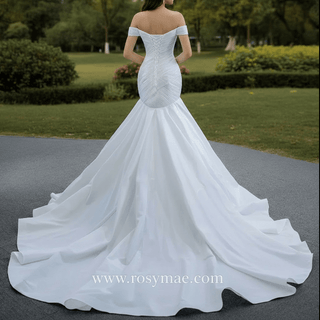 Satin Mermaid Wedding Dress Off the Shoulder Trumpet Wedding Gown - Rosymae