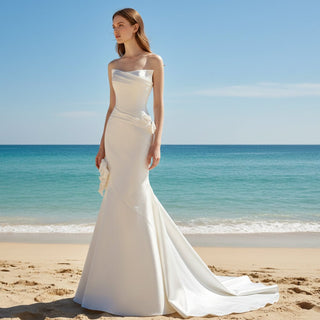 Satin Mermaid Wedding Dress with Curvy Neckline - Rosymae