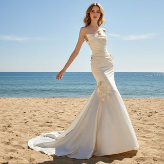 Satin Mermaid Wedding Dress with Curvy Neckline - Rosymae