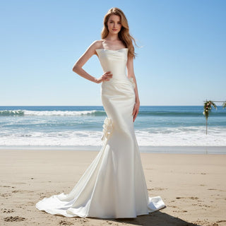 Satin Mermaid Wedding Dress with Curvy Neckline - Rosymae