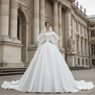 Satin Off-Shoulder Long Sleeve Wedding Dresses Bridal Gowns - Rosymae