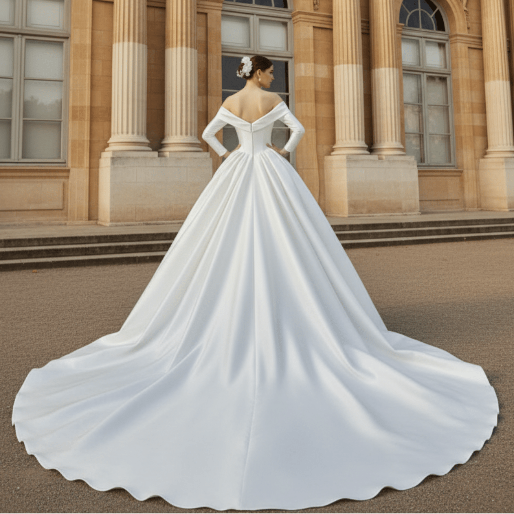 Satin Off-Shoulder Long Sleeve Wedding Dresses Bridal Gowns - Rosymae