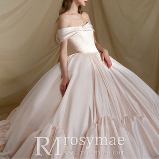 Luxury Light Pink Satin Puffy Ball Gown Wedding Dress with Off Shoulder