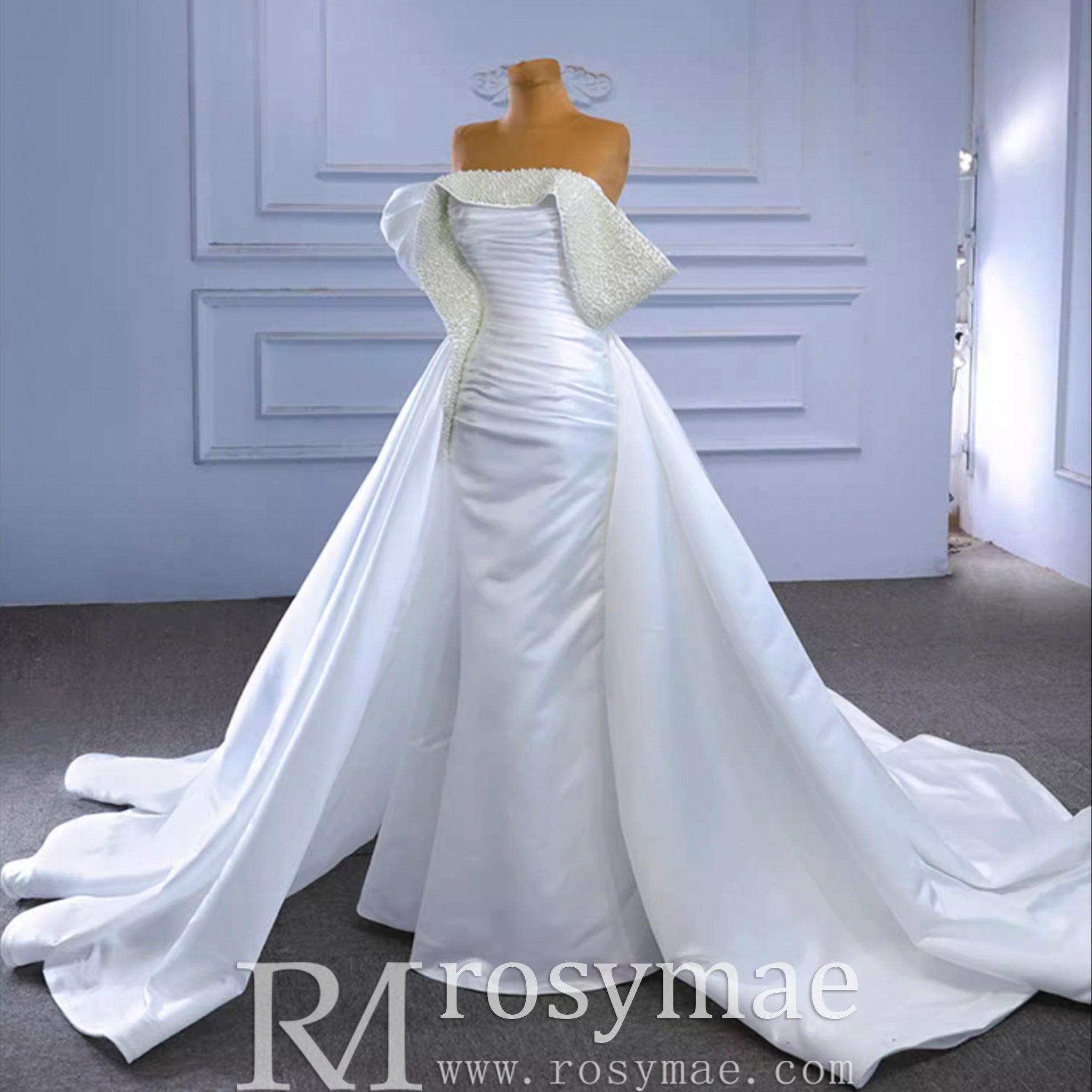 Satin Overskirt Pearl Wedding Dress Off the Shoulder Bridal Gown - Rosymae