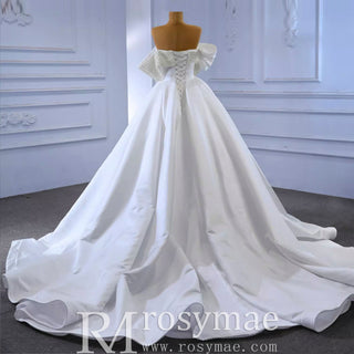 Satin Overskirt Pearl Wedding Dress Off the Shoulder Bridal Gown - Rosymae