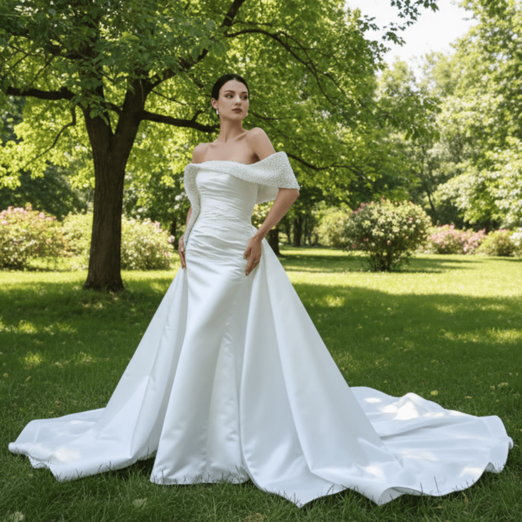 Satin Overskirt Pearl Wedding Dress Off the Shoulder Bridal Gown - Rosymae